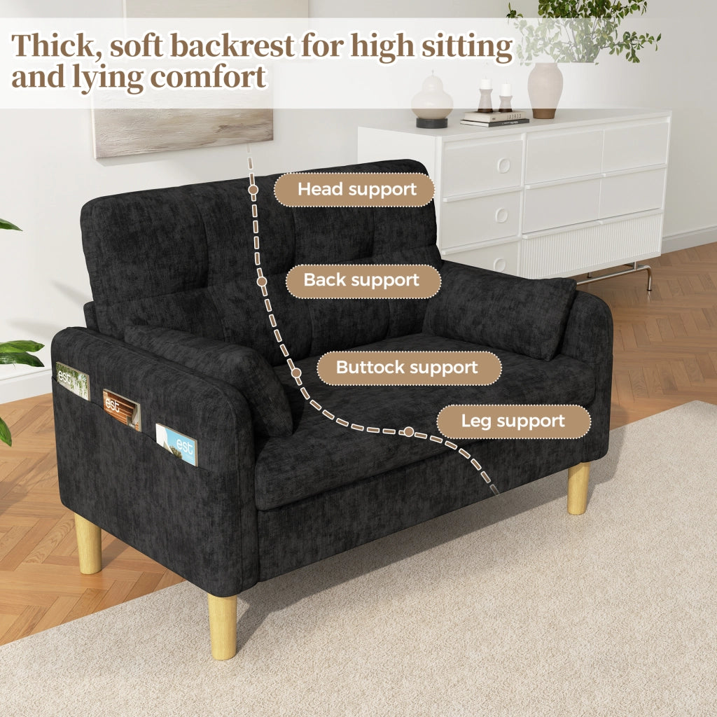 Moderno divano a due posti con cuscini spessi e morbidi, 2 cuscini decorativi e una tasca laterale portaoggetti, ideale per soggiorni, camere da letto