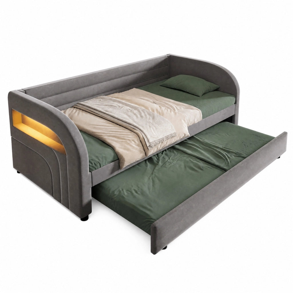 Letto piattaforma imbottito 90x200 cm con letto estraibile e illuminazione LED; grigio