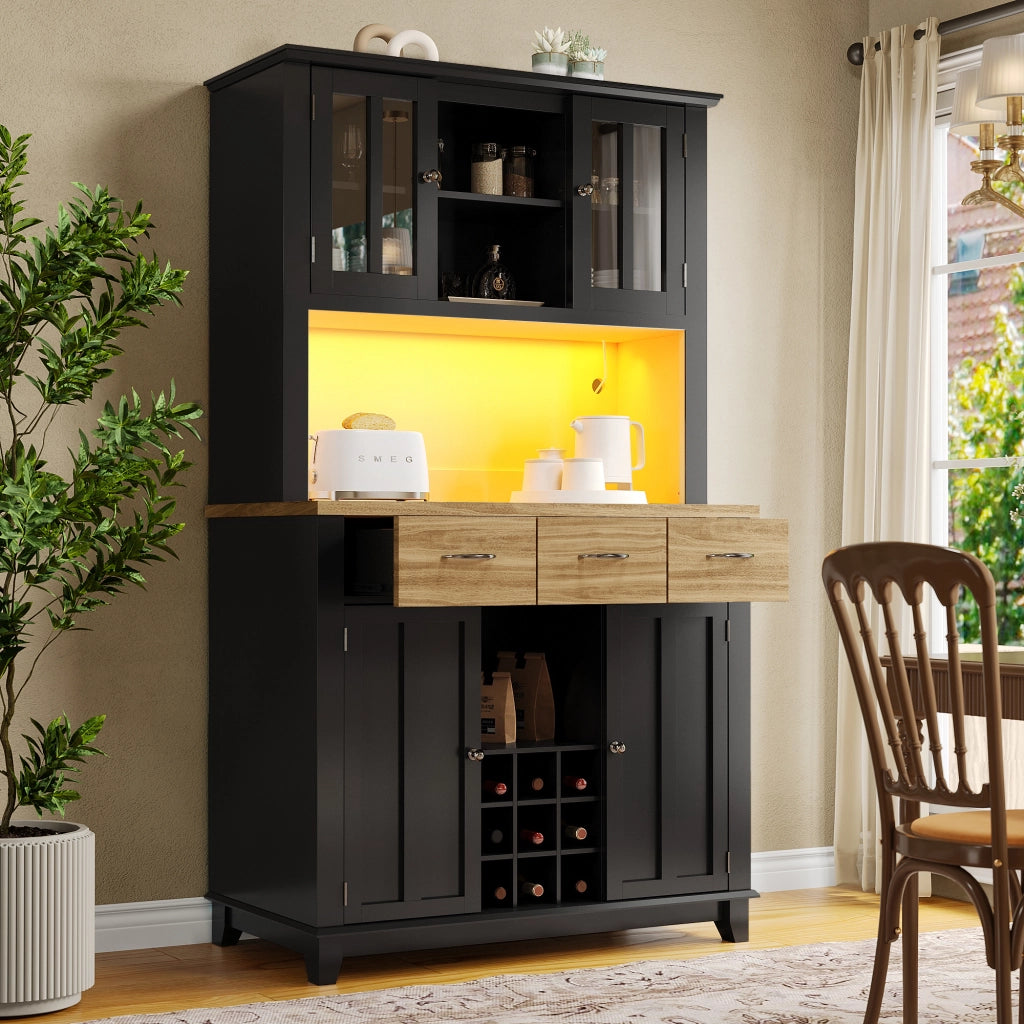 Buffet Cucina con LED ¨C Xylo ¨C Bianco, Ripiani Regolabili, Vetrina, 106x40x179.5