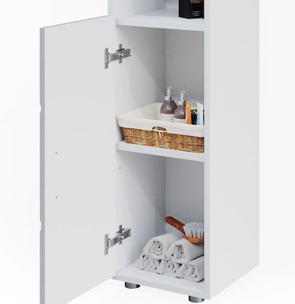 Mobiletto bagno Irma, Bianco lucido con inserti, 30 x 95 cm, per la conservazione di accessori da bagno e combinabile con Irma