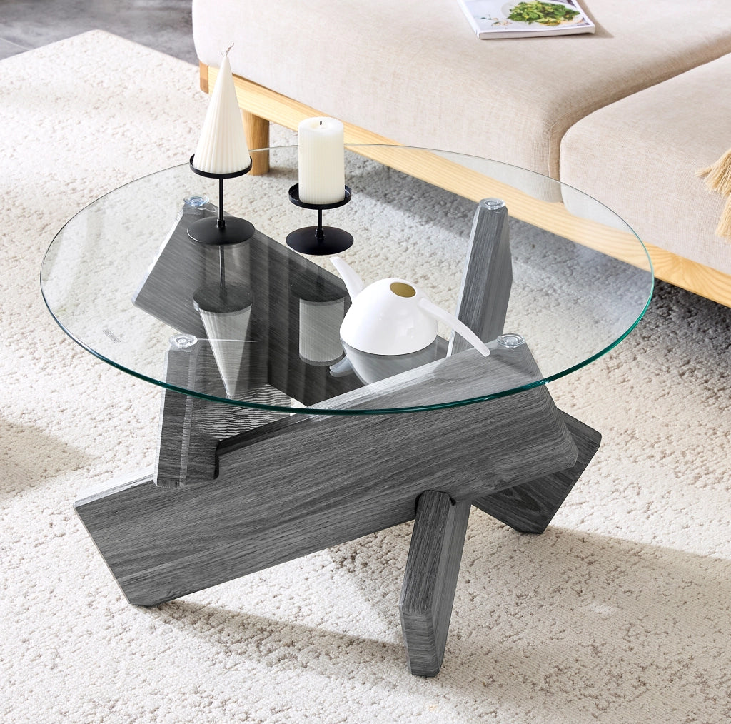TAVOLINO DA CAFFÈ ROTONDO 79 cm MDF E VETRO GRIGIO/TRASPARENTE