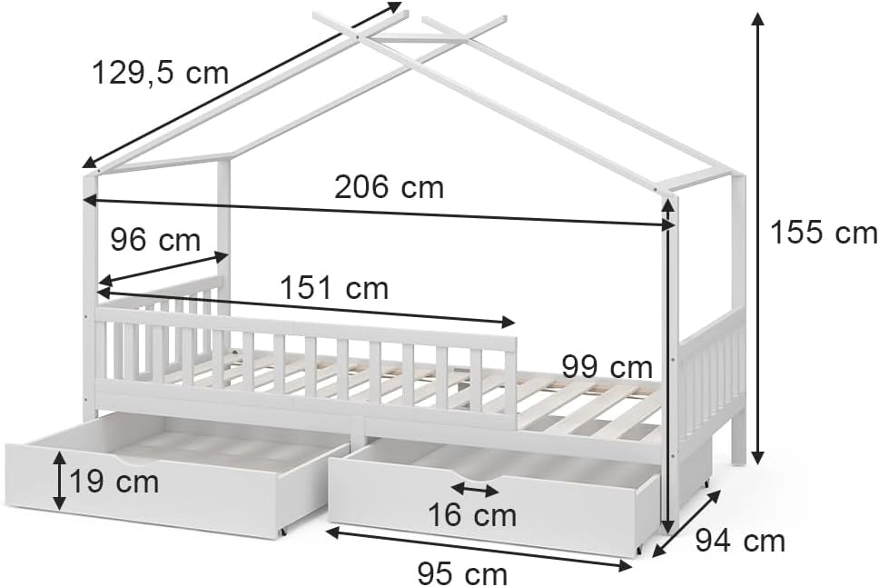 Letto montessori bambini Franka, Bianco, 90x200 cm con 2 cassetti e materasso, adatto per materassi fino a 90x200 cm e combinabile