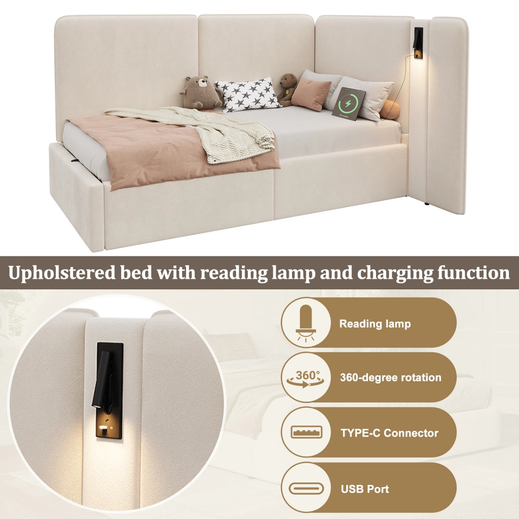 Letto con contenitore idraulico velluto beige 90x200 cm