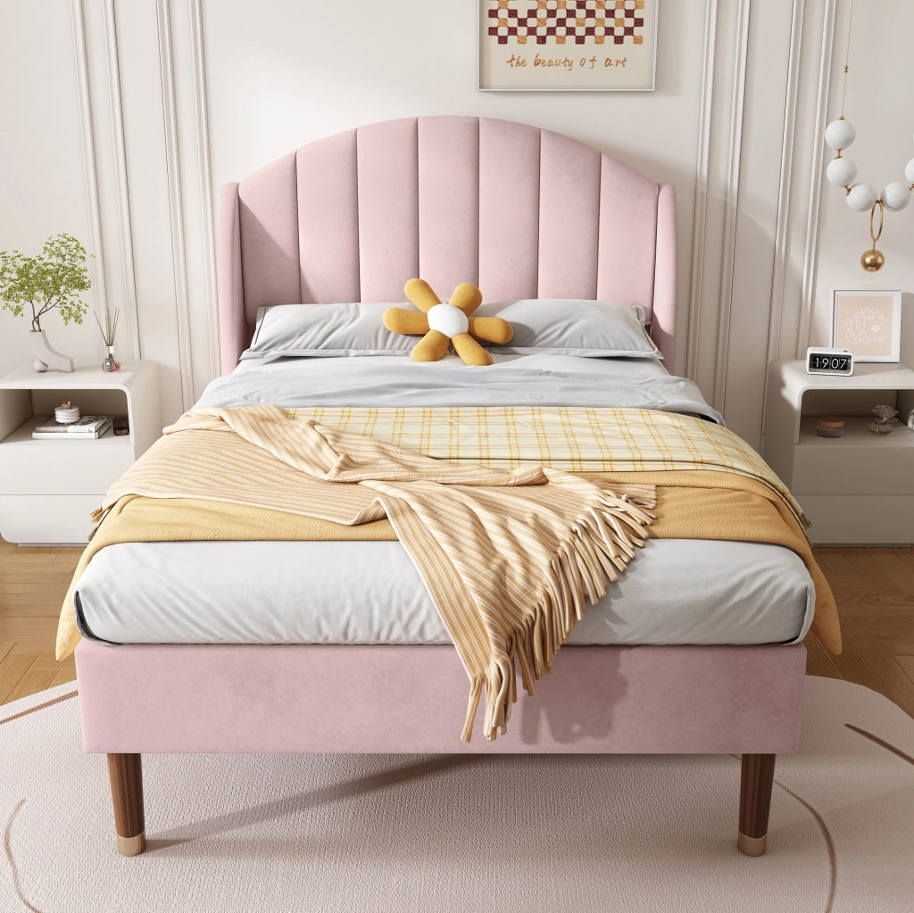 Letto imbottito 90x200 cm con testiera e rete; velluto rosa