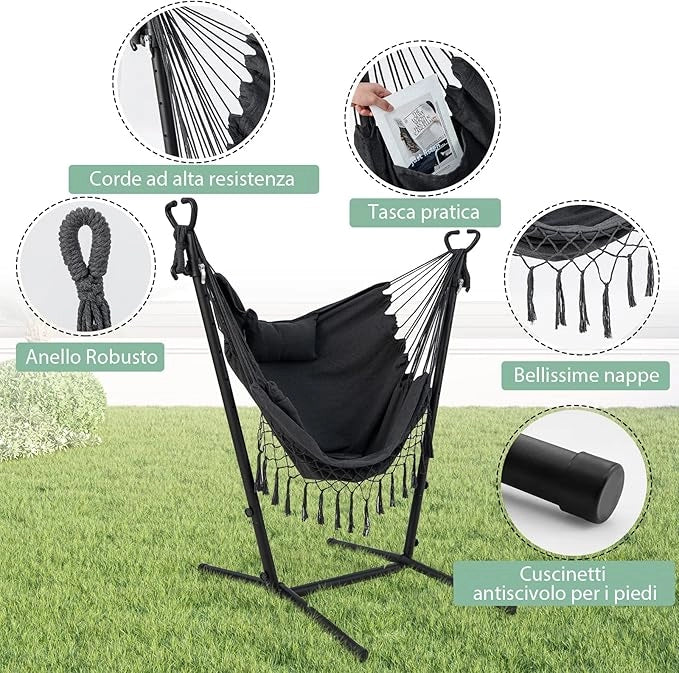 Sedia Amaca Sospesa con Supporto, Sedia Appesa Regolabile in Altezza con Supporto Porta Cellulare Cuscino e Tasca Laterale, Carico Massimo 250 kg