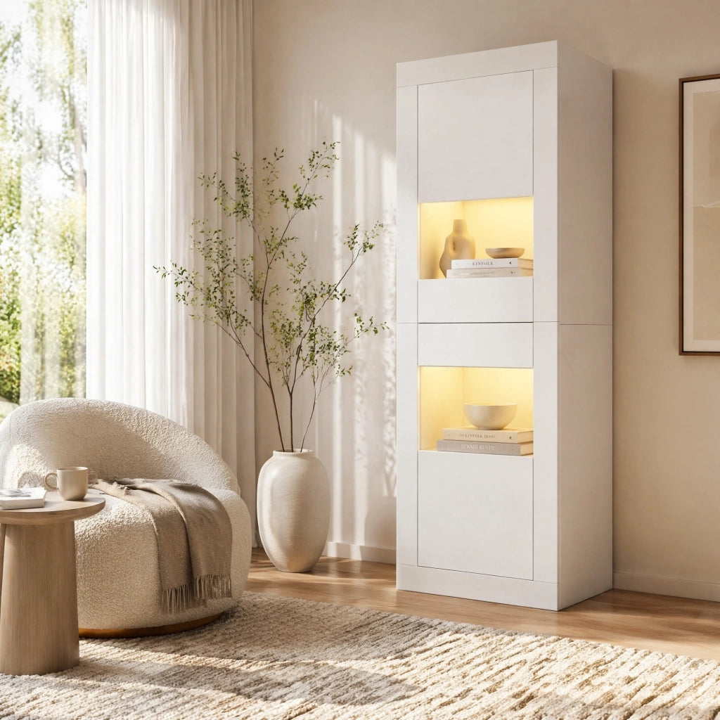 Vetrina bianca con illuminazione LED, 61 x 42 x 162 cm, 2 ante, ripiani in vetro regolabili, mobile espositivo da pavimento