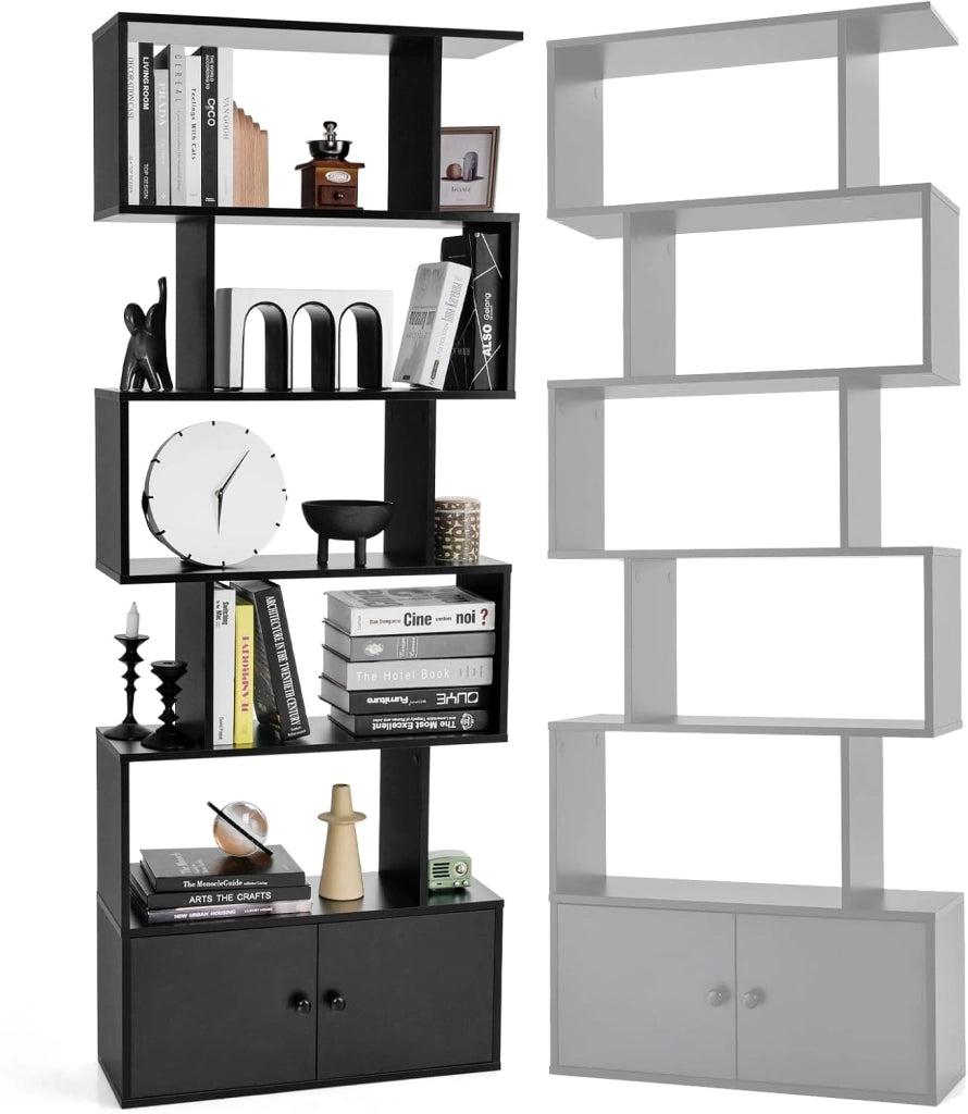 Libreria Scaffale a 5 Livelli, Libreria Verticale, Divisorio per Stanza, Armadietto con 2 Ante, Scaffale Salvaspazio e Multiuso per Soggiorno, Camera da Letto, 70 x 23 x 183 cm (Nero)