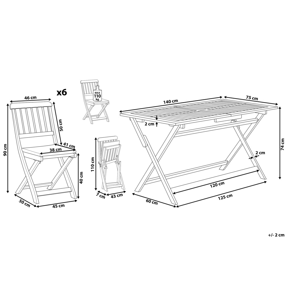 Set da pranzo da giardino Sedie pieghevoli in legno di acacia con cuscini 6 posti 140 x 75 cm