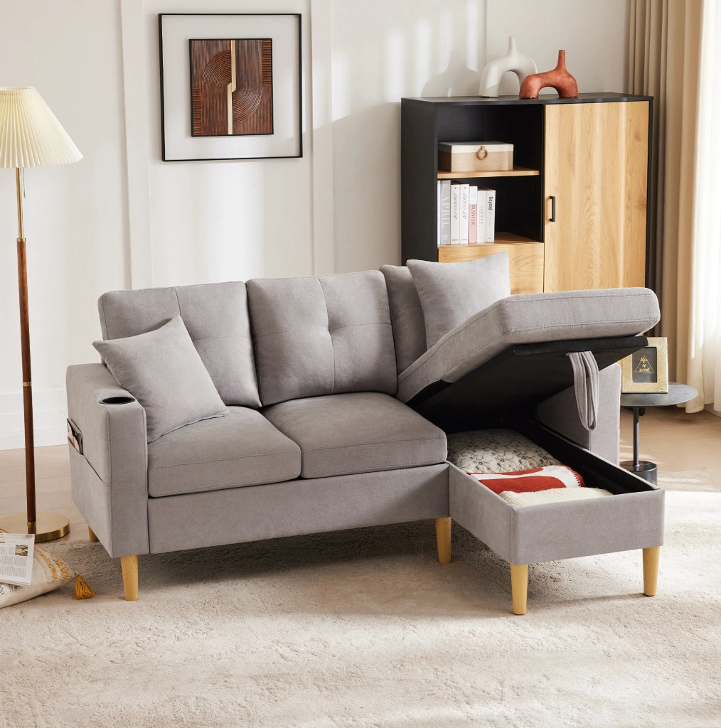Sofa angolare moderno a L con chaise longue, 3 posti, contenitore e 2 cuscini, grigio chiaro