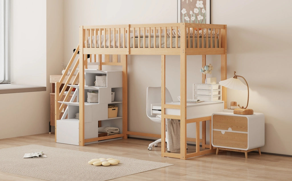 Letto a soppalco 90x200 cm con tavolo multifunzione e scala contenitore in legno bianco e rovere chiaro