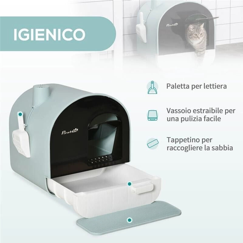 LETTIERA PER GATTI CHIUSA CON FILTRI, PALETTA E VASSOIO, STRUTTURA IN PP, 43X44X47CM, VERDE