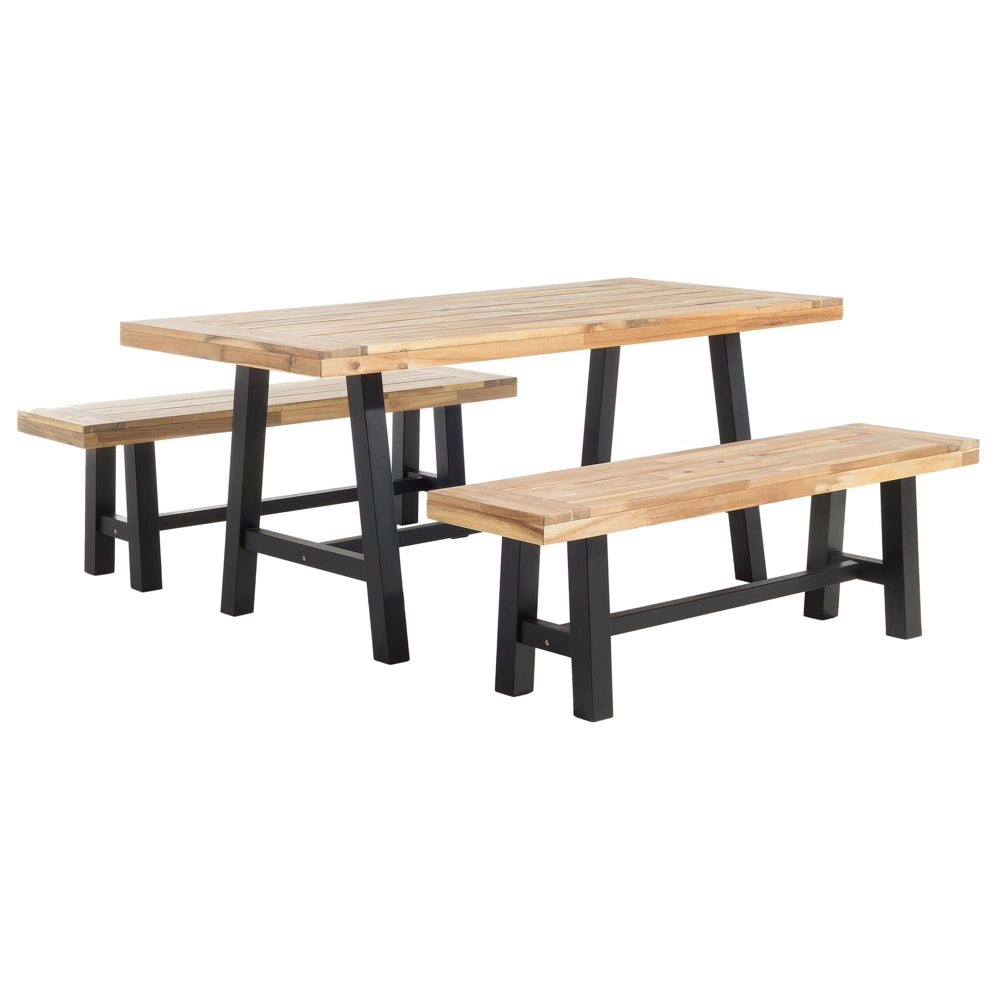 Set da pranzo da giardino Piano in legno chiaro Gambe nere da esterno 3 pezzi Tavolo rettangolare in legno di acacia 2 panche