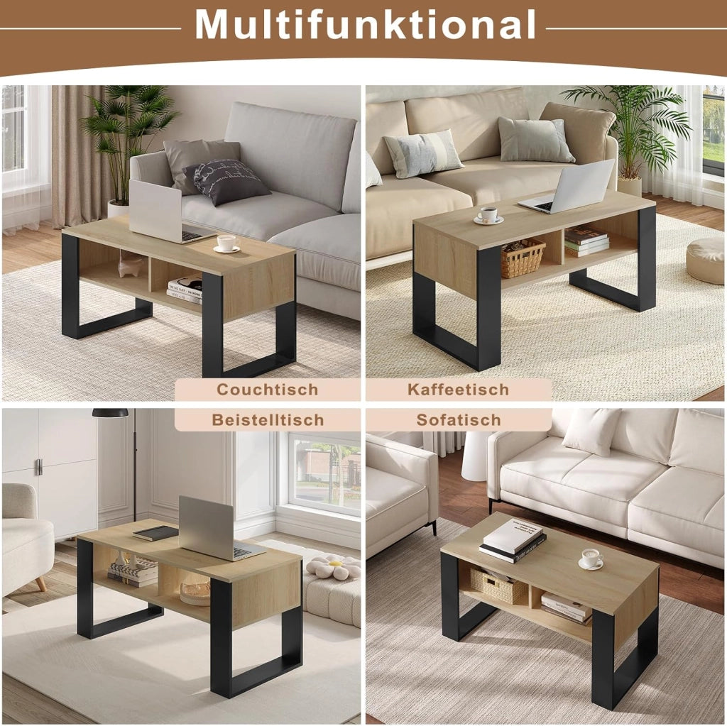 Tavolino da Salotto/Divano con 2 Scomparti Aperti, Tavolino Basso, Tavolo Laterale per Soggiorno, Camera da Letto, in Legno, Marrone Rustico + Nero, 90x45x45 cm, BTS16hov