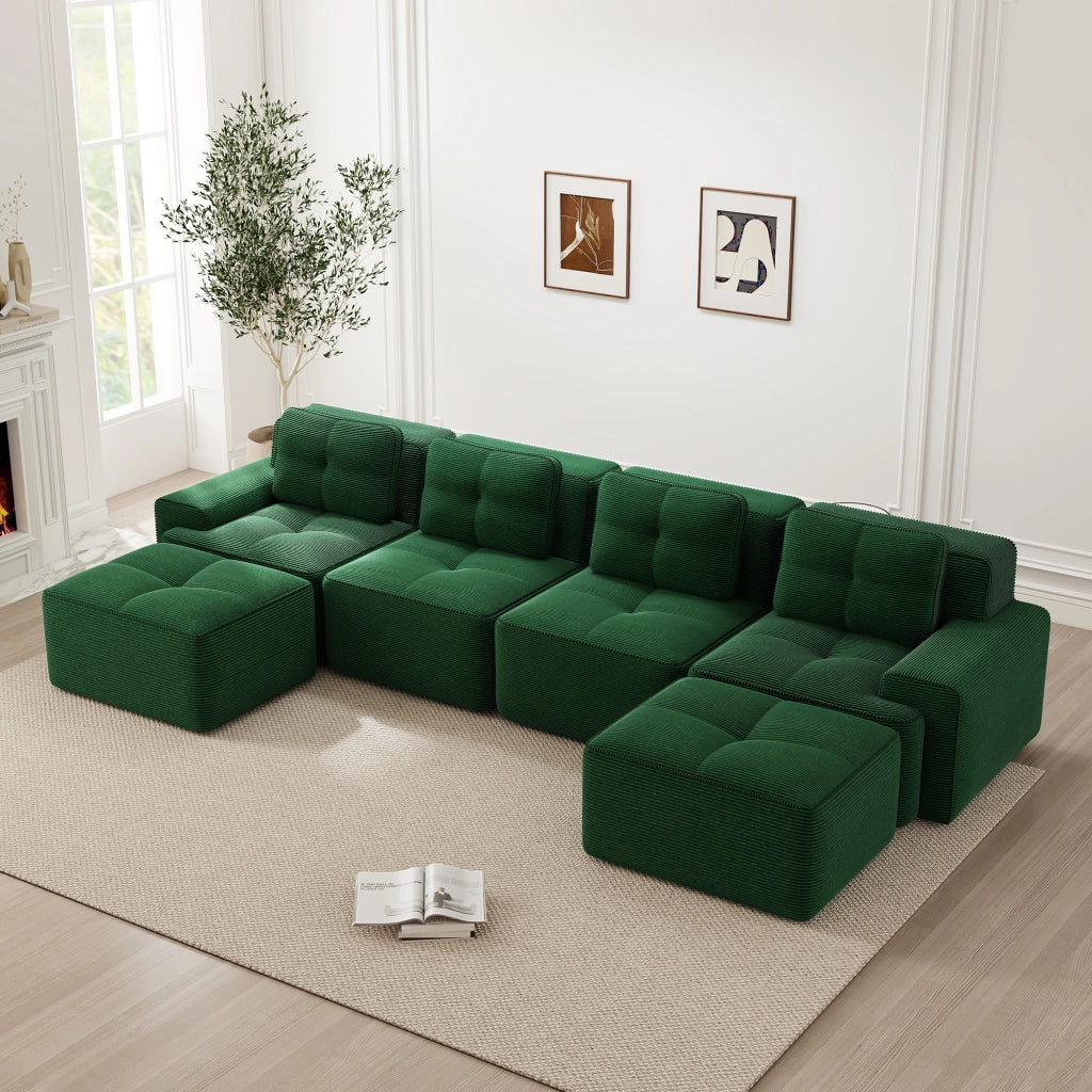Divano modulare boneless a 4 posti con seduta profonda, schienale avvolgente e base antiscivolo in corduroy verde