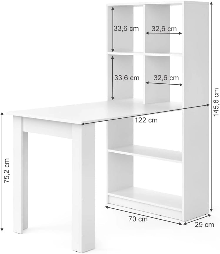 Scrivania con ripiani Gael, Bianco, 70 x 122 cm, con ripiano laterale per la conservazione di materiali da ufficio