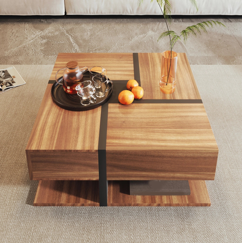 Tavolino da caffè quadrato con 4 cassetti e ripiano inferiore; 78x78x36 cm in truciolare