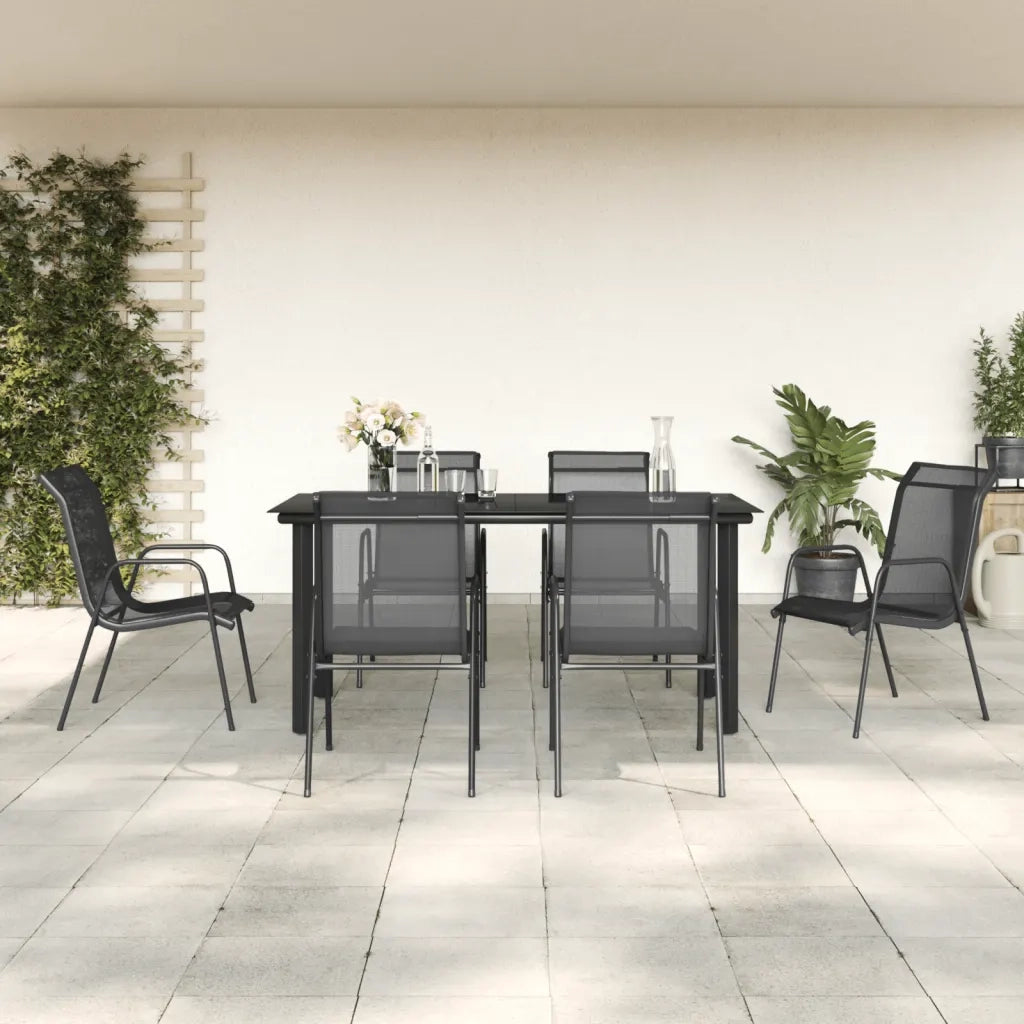 Set da Pranzo da Giardino 7 pz Nero in Acciaio e Textilene