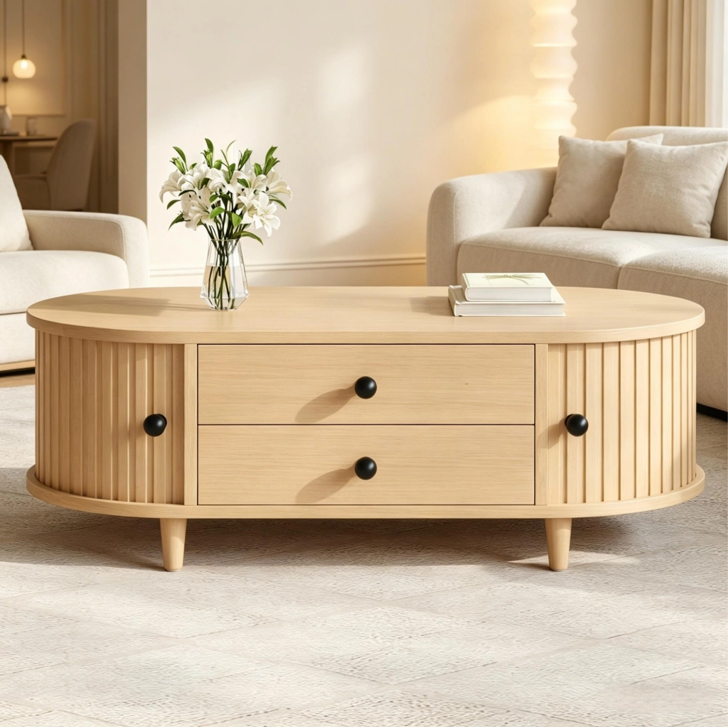 Tavolino da salotto in MDF con 2 cassetti e ante scorrevoli; 100x50x36 cm; legno naturale