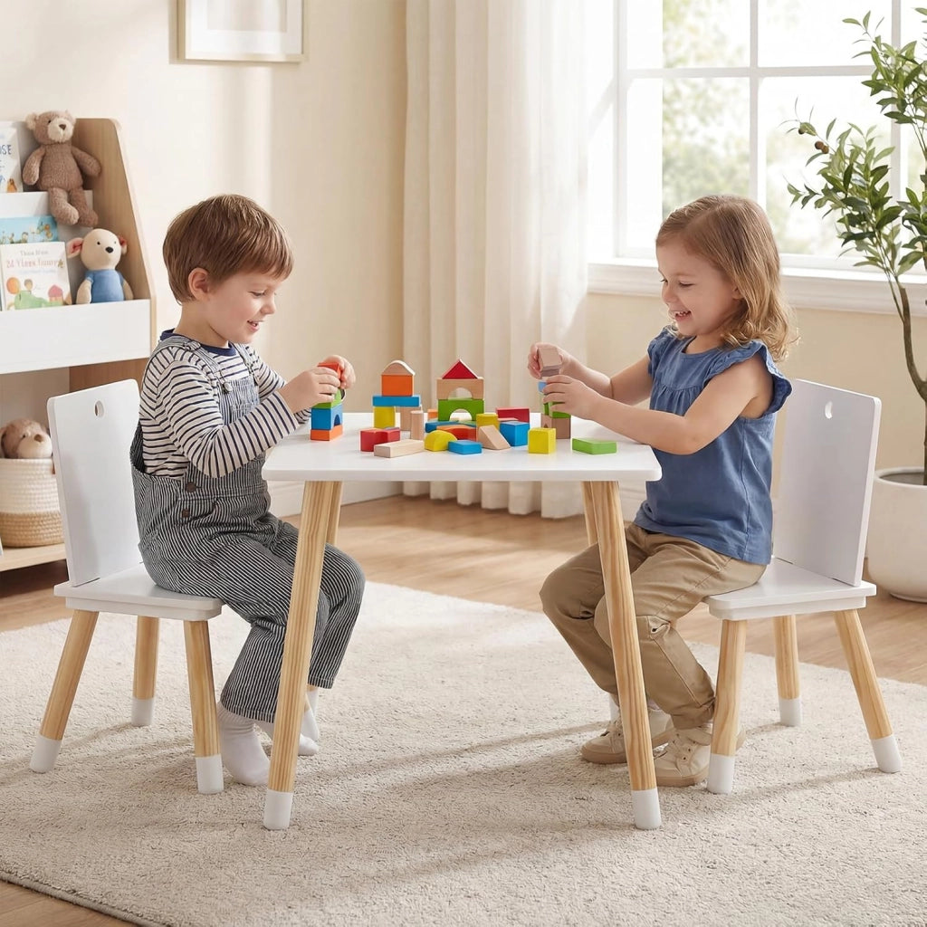 Set Tavolo e 2 Sedie per Bambini, con Gambe in Legno di Pino, Set Tavolo Attività, Mobili di Legno per Giocare Imparare Mangiare, Bianco