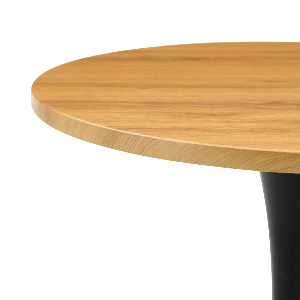 Tavolo da pranzo rotondo con base centrale, piano in MDF effetto legno, stile mid-century, per soggiorno, nero e legno