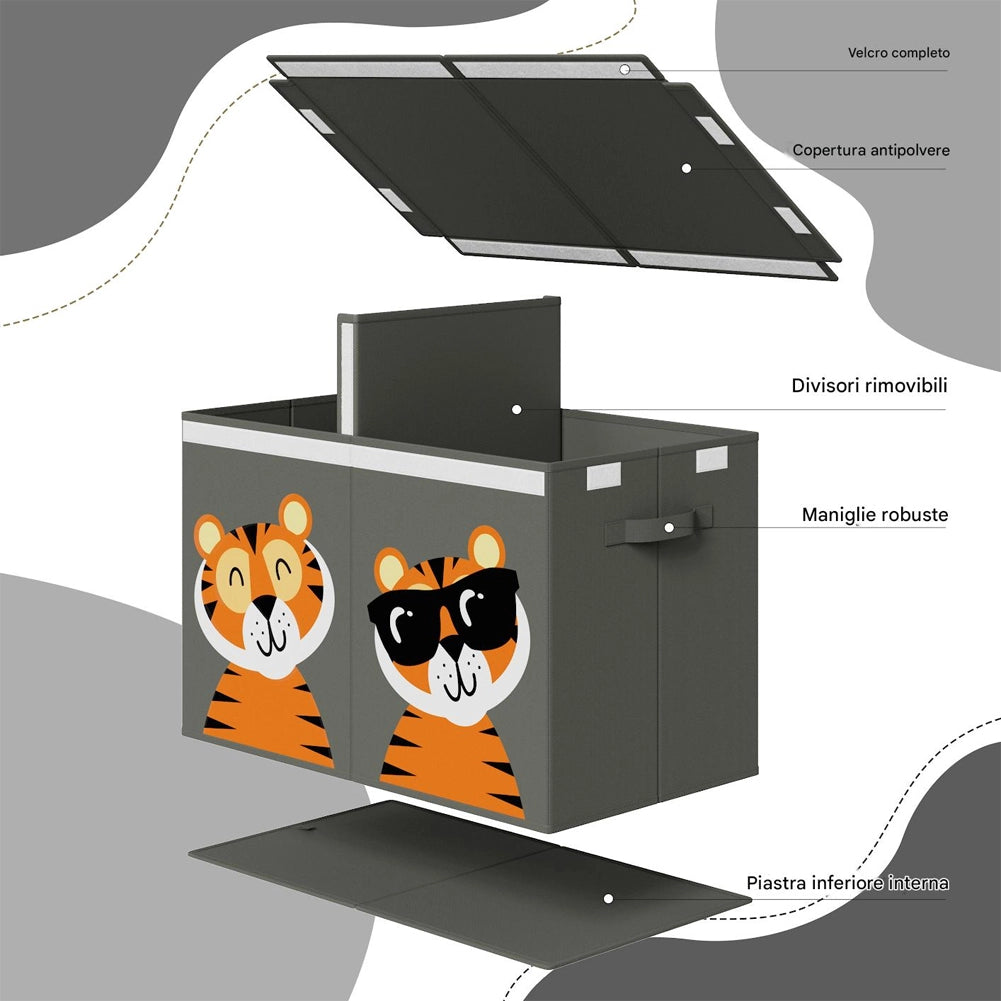 Box Contenitore Giocattoli con Animali Doppio Pieghevole 80L Grigio Salvaspazio