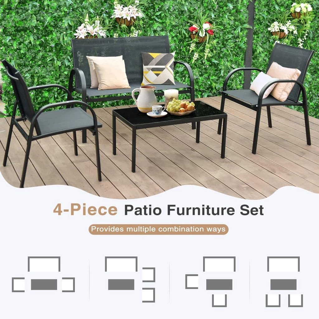 Set di 4 mobili da giardino con tavolino da salotto e panca da giardino e 2 sedie da pranzo, in textilene, set da 4 persone, mobili da giardino (Nero)