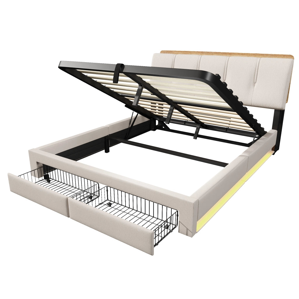 Letti contenitori 140x200 cm; con USB e LED; lino beige (Senza materasso)