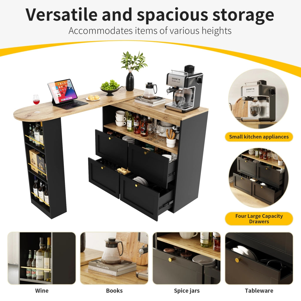 Mobile modulare nero in MDF con 4 cassetti e ripiano laterale girevole a 360°