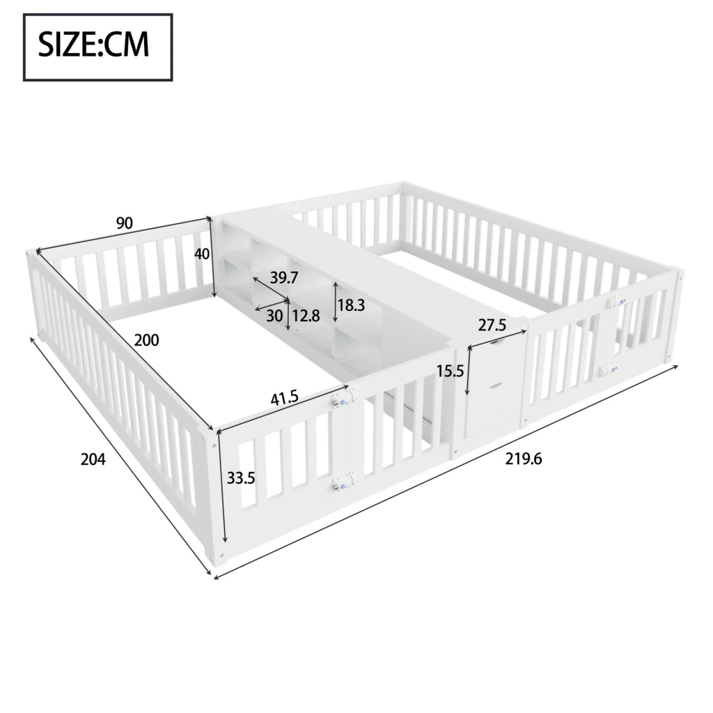 Letto 90x200 cm con ripiani e cassetti; sponde alte in legno bianco