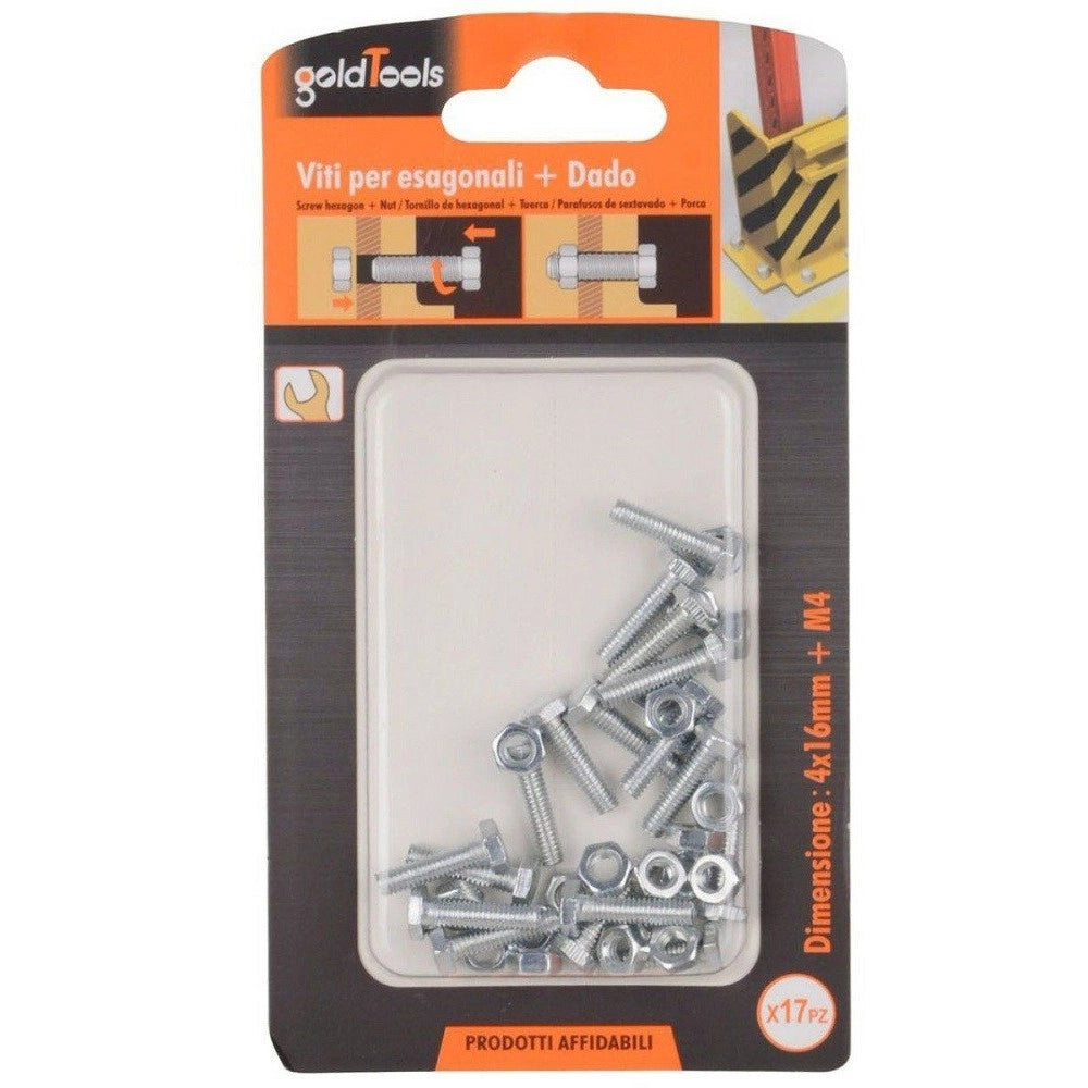 Trade Shop - Set 17 Pz Vite Viti Per Esterno A Testa Esagonali 4x16mm Con Dadi Dado M4 90904 -