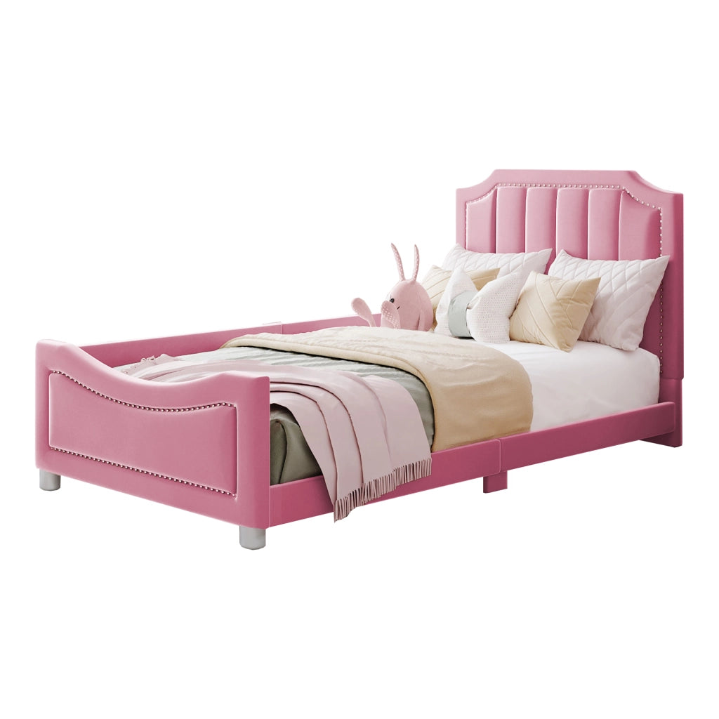 Letto imbottito bambini 90x200 cm in flanella rosa con struttura in legno e rete a doghe