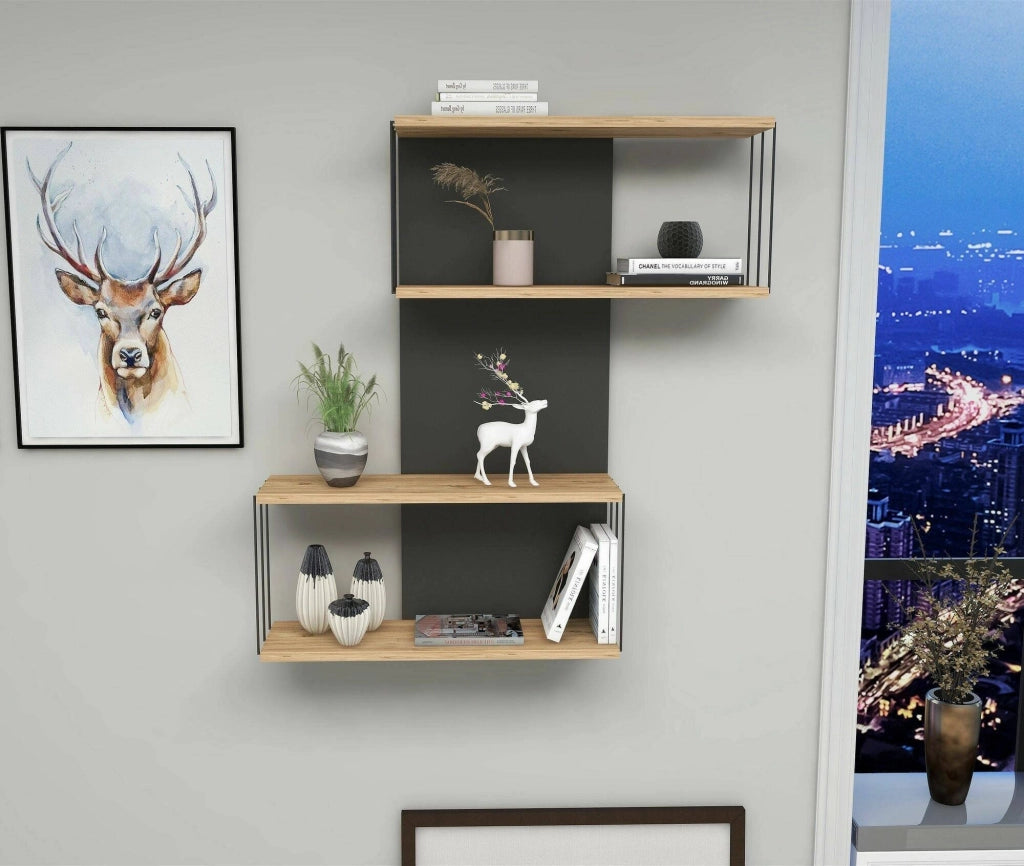 Mensola Gerolama, Scaffale, Ripiano a muro, Scaffalatura multiuso, 65x19h96 cm, Antracite e Rovere