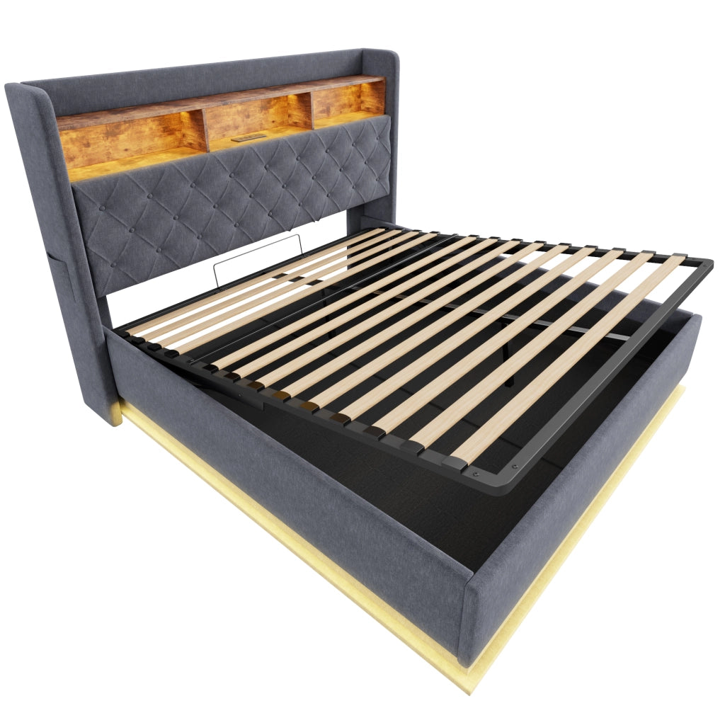 Letti contenitori 180x200 cm con LED multicolore e USB; lino; grigio