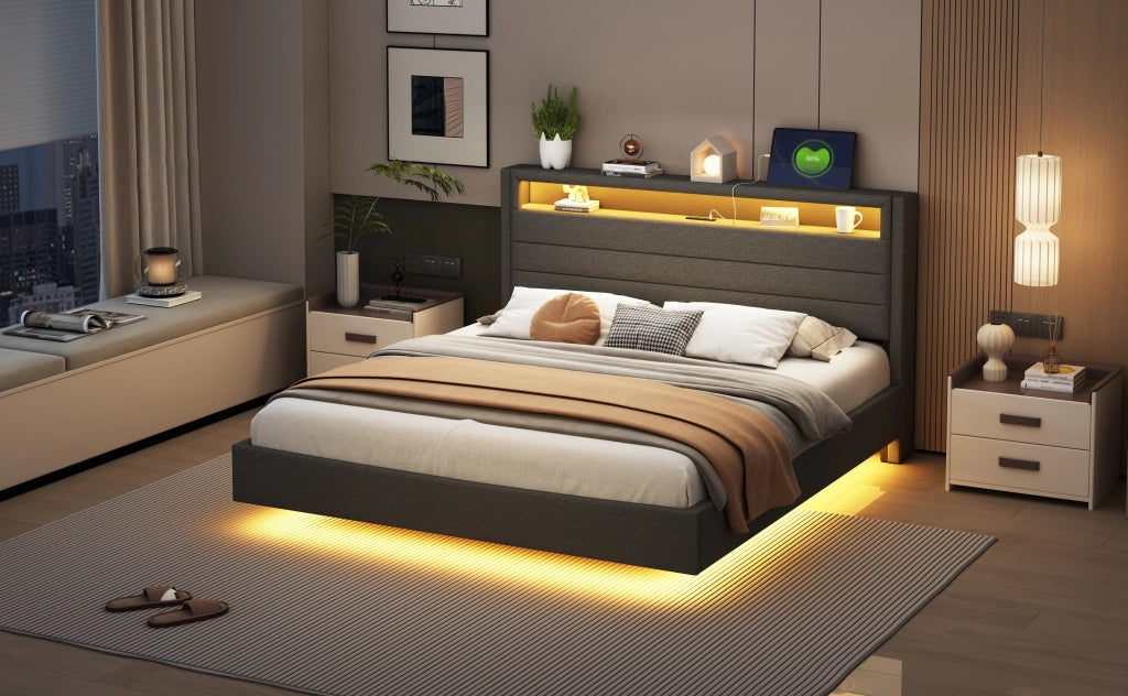 Letto matrimoniale – 160x200 cm – USB LED testiera reversibile – lino grigio