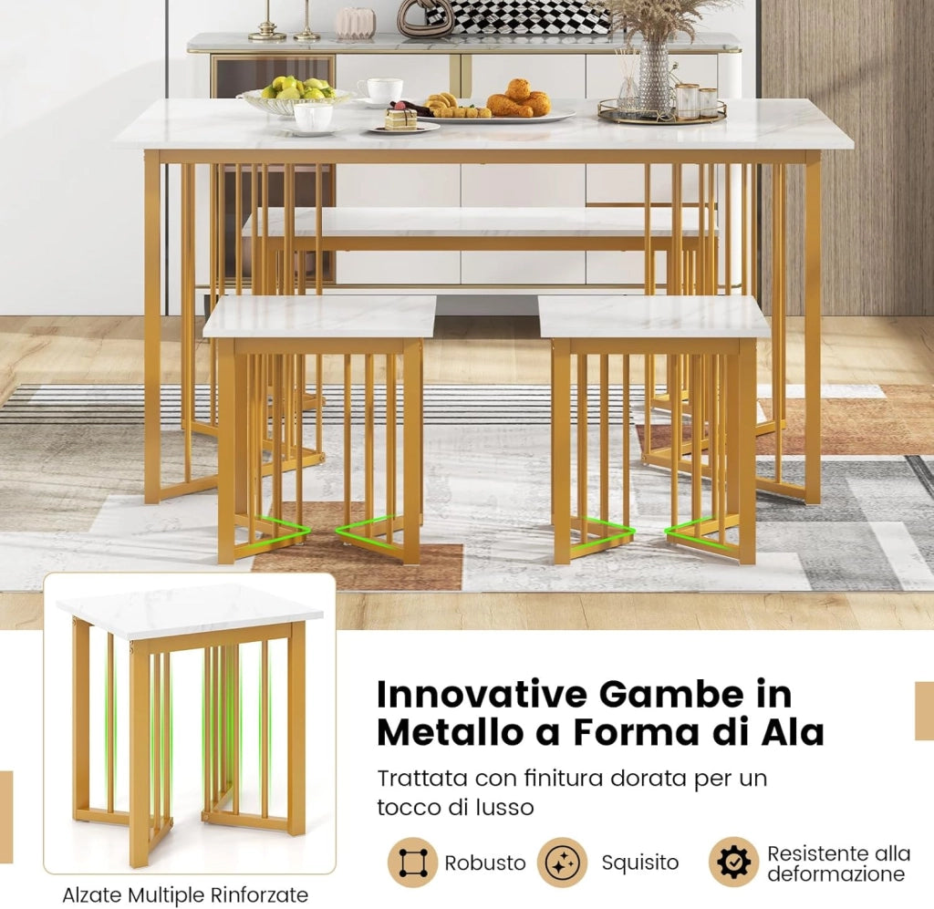 Set Tavolo da Pranzo a 4 Posti, Tavolo da Pranzo Rettangolare con Panca e 2 Sgabelli, con Gambe in Metallo Alate, per Cucina, Soggiorno, Sala da Pranzo, 150 x 80 x 75 cm