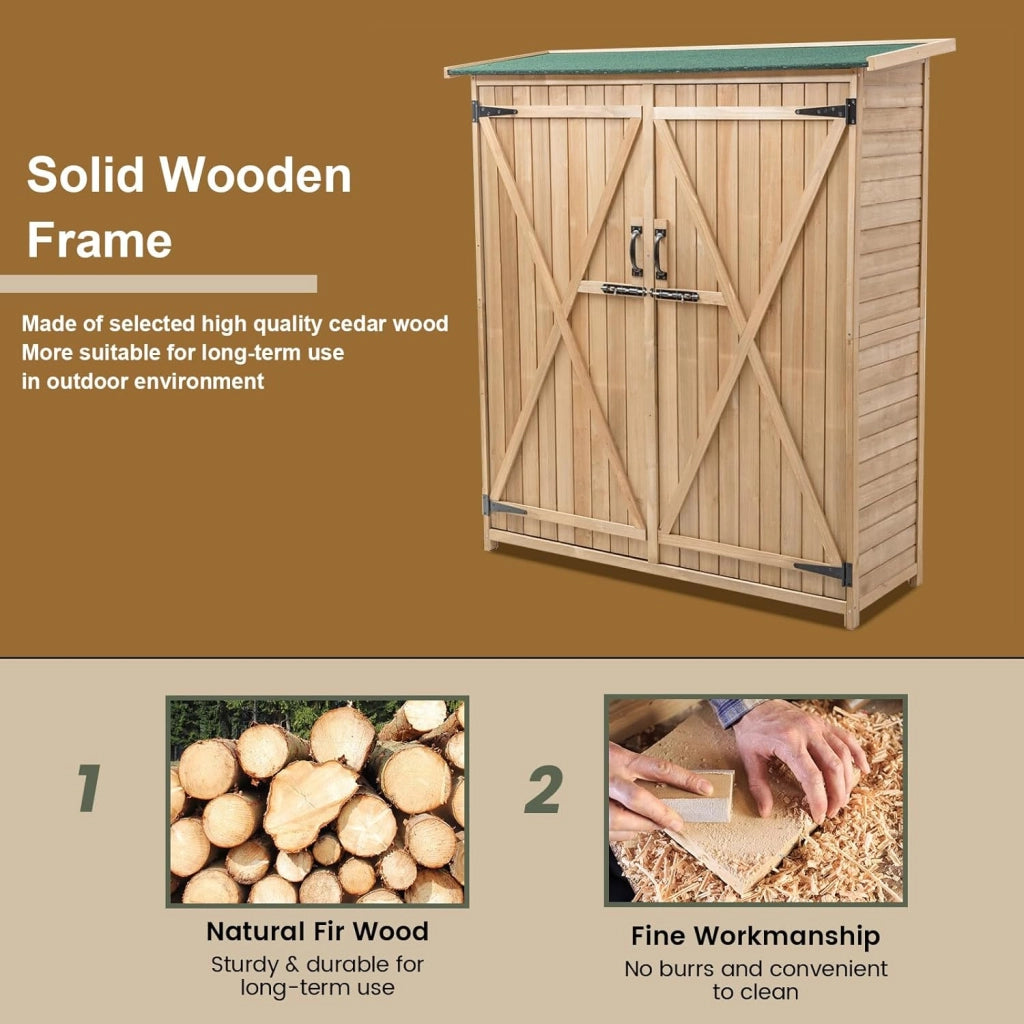 Casetta da Giardino in Legno, 140 x 50 x 162 cm, Capanno per Attrezzi per Esterno con 2 Ripiani e 1 Armadio, Resistente alle Intemperie con Ante Bloccabili, Capanno da Giardino