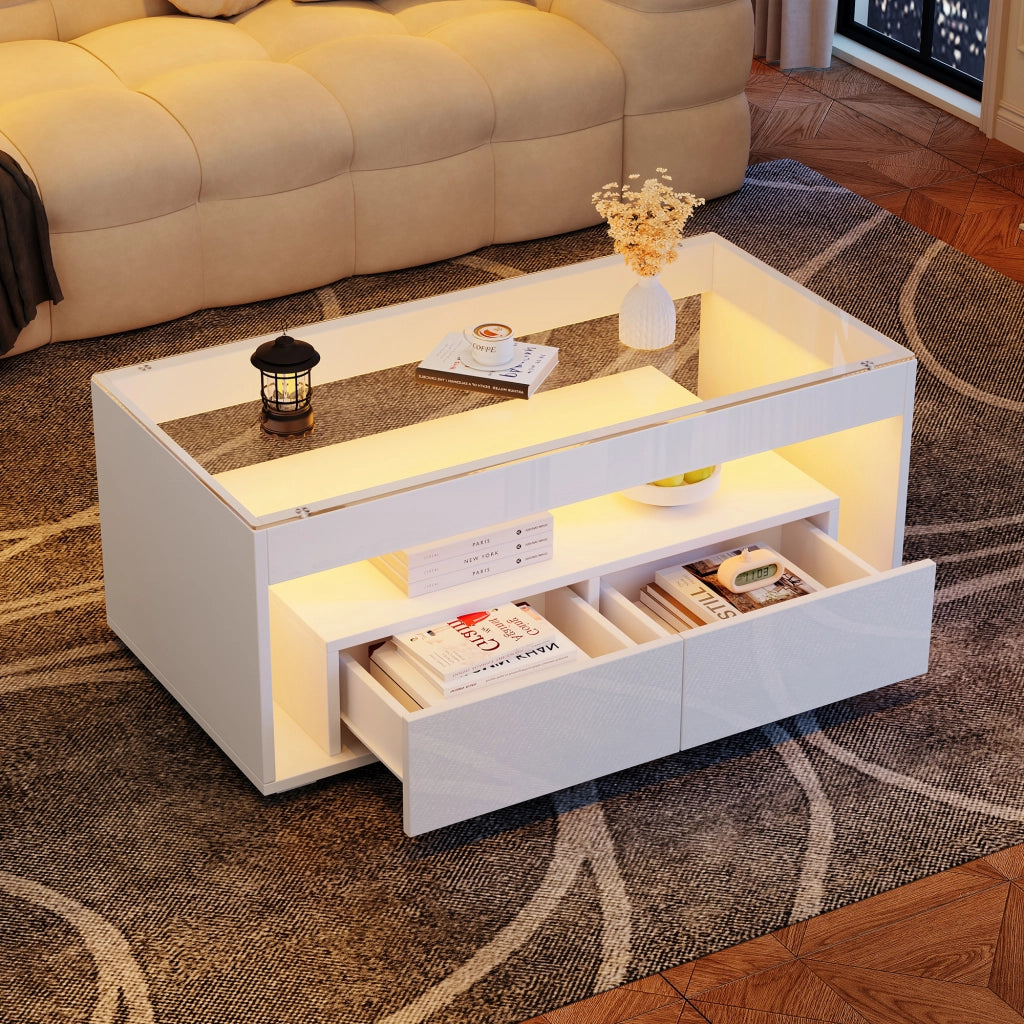 Tavolino basso con LED, 2 cassetti e 2 vani aperti, piano in vetro temperato, per soggiorno, bianco, 100 × 50 × 40 cm
