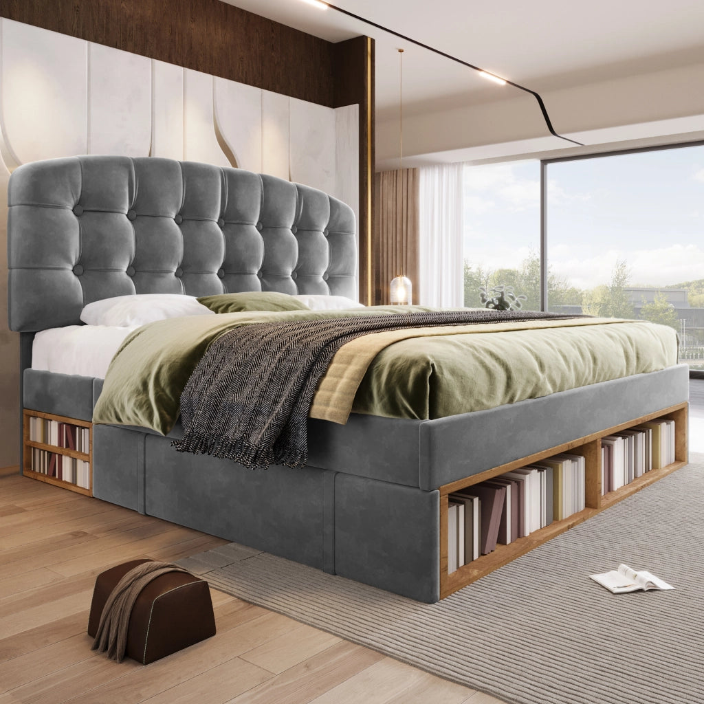 LETTO 140x190 cm Velluto Grigio con testiera regolabile e cassetti