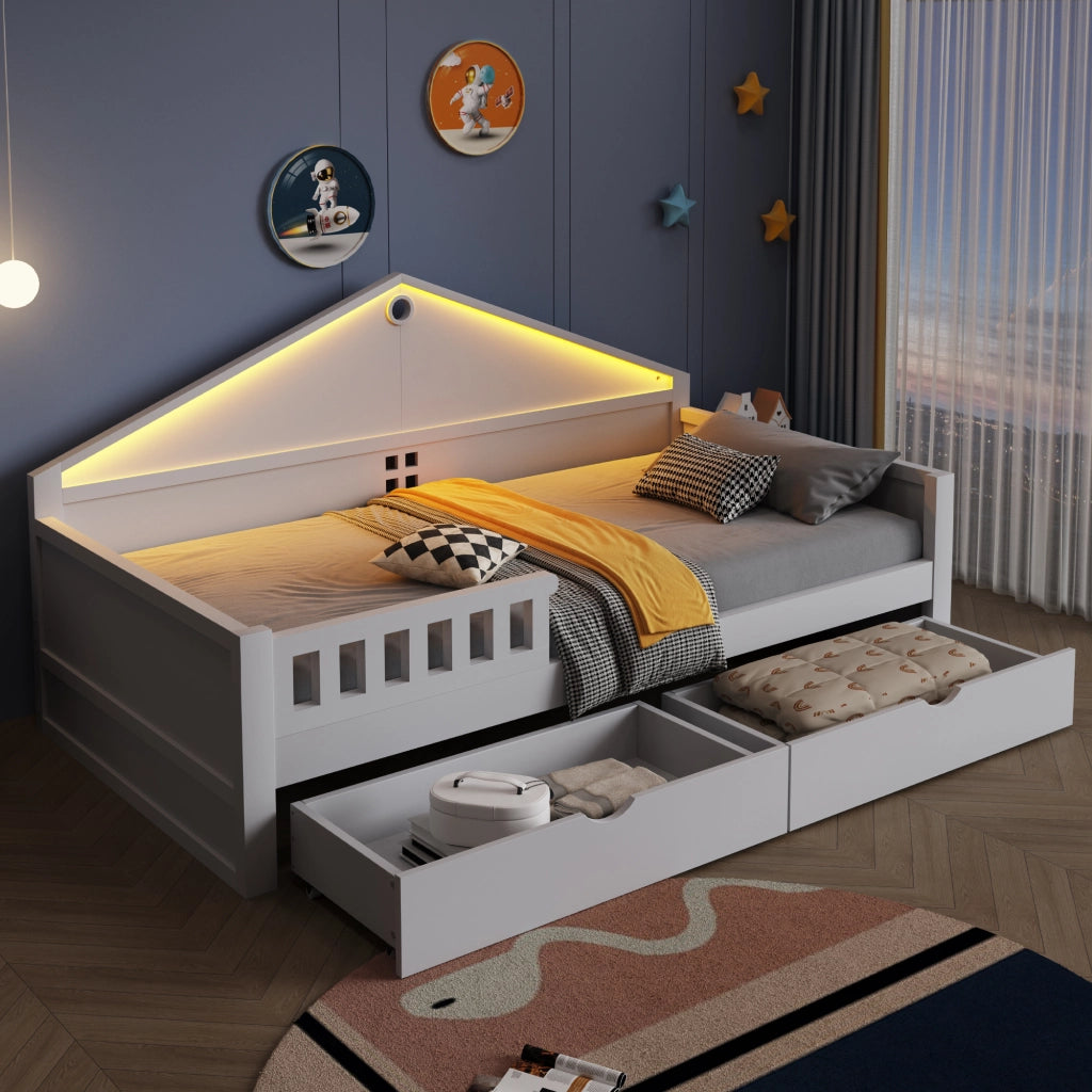 OKWISH Letto Bambino 90×200 cm, Letto Singolo con Striscia LED, 2 Cassetti e Controllo da Smartphone, senza Materasso, Bianco