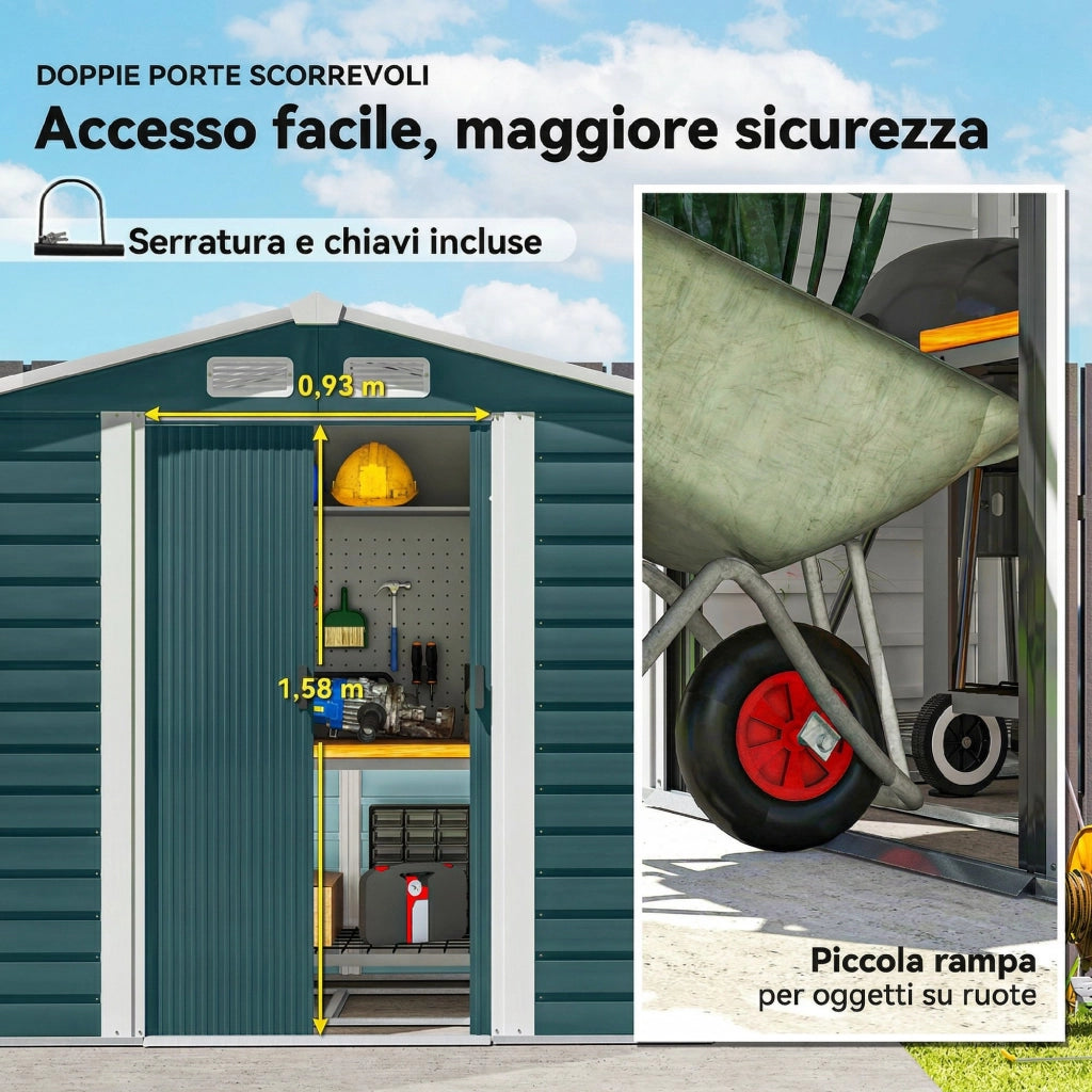 Casetta Box da Giardino 210x120x190 cm con Porte Scorrevoli e Lucchetto con Chiavi in Metallo Verde