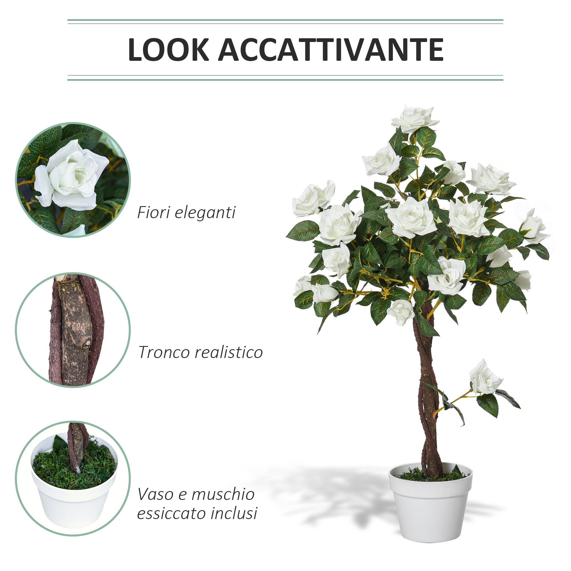 Alberello Camelia Artificiale con 21 Fiori H90 cm con Vaso Bianco e Verde