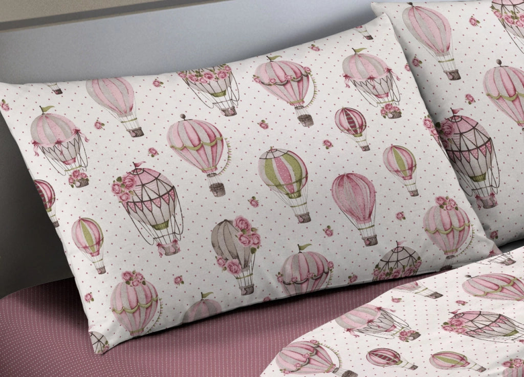 Sacco Copripiumino Piumone Letto In 100% Cotone Made Italy Vari Disegni RP - 1 Piazza - Mongolfiera Rosa