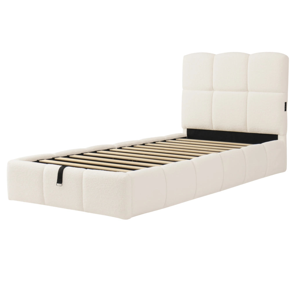Letto singolo 90x200 cm con contenitore idraulico; USB C; tessuto bouclé beige