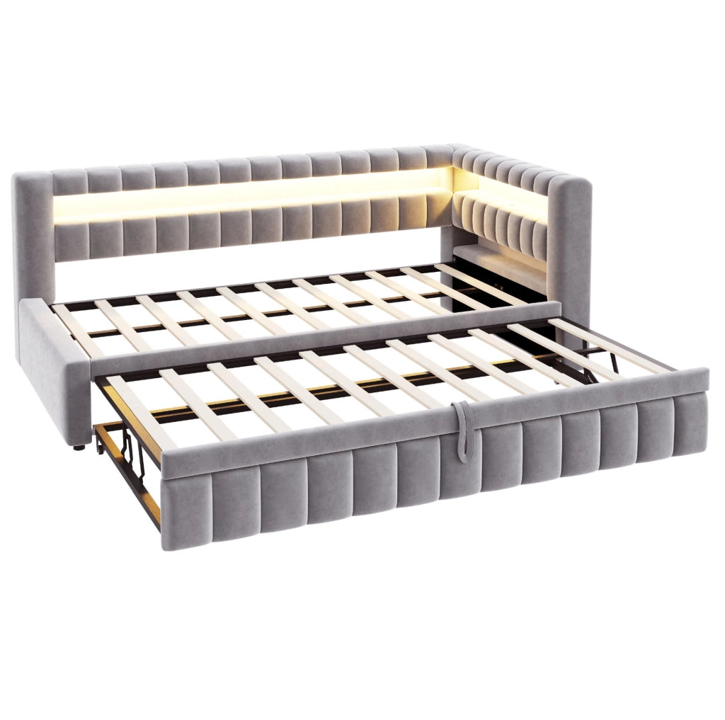 Sof脿 letto estraibile imbottito 90x200 cm in velluto grigio chiaro con LED; USB e Type-C