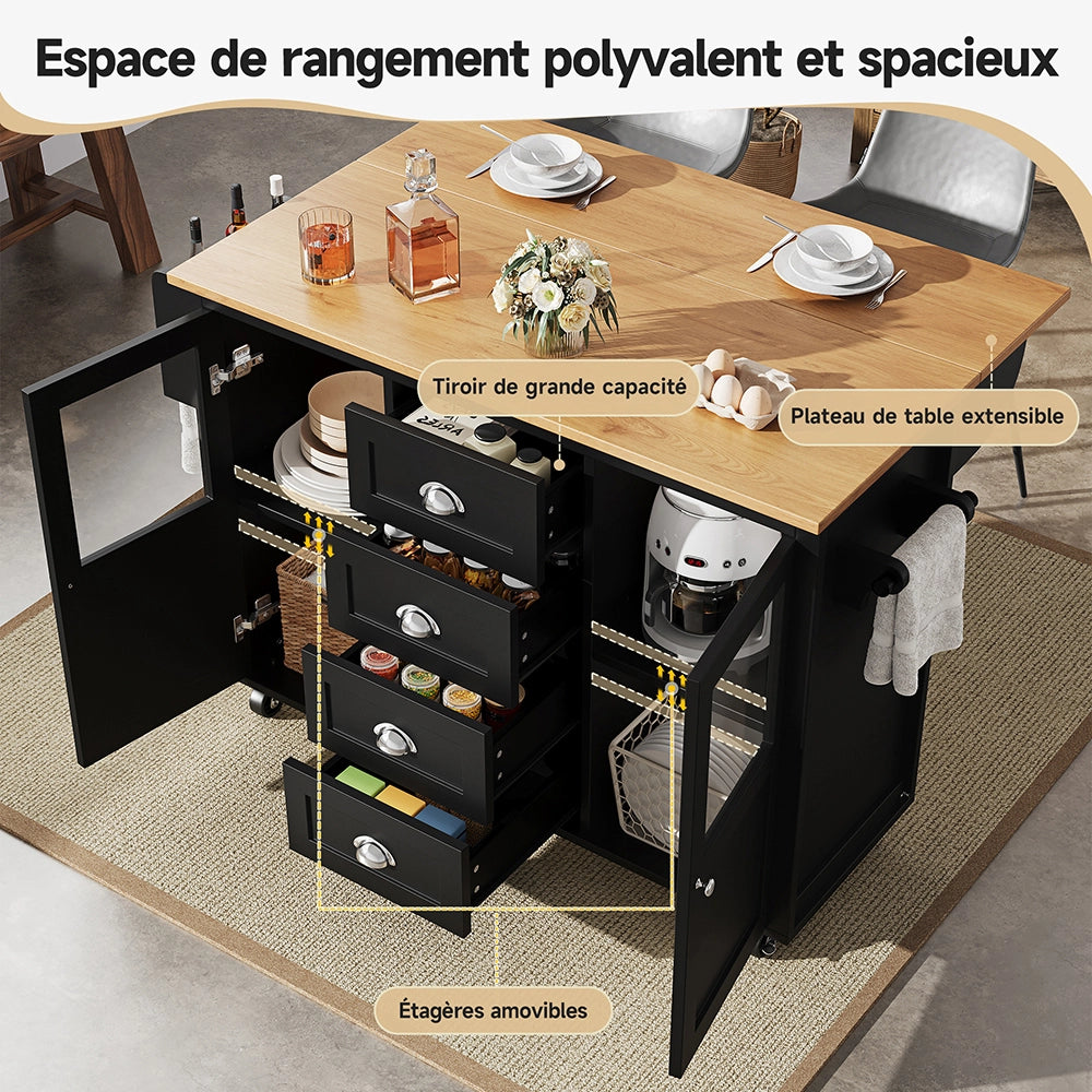 Isola cucina - Xylo - 120x73x93cm 2 porte 4 cassetti bianco/nero