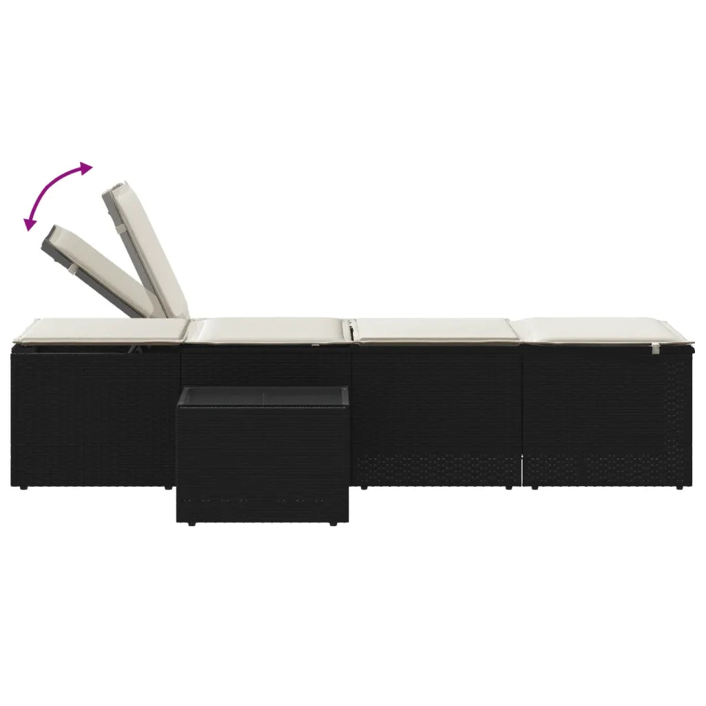 Lettini prendisole modulari 2 pz con tavolo nero in polyrattan 368422
