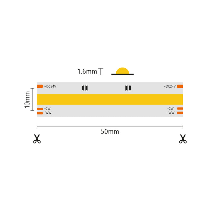 Striscia led COB IP20 5m da 8+8W/MT 24V - CCT - 2700K-6500K