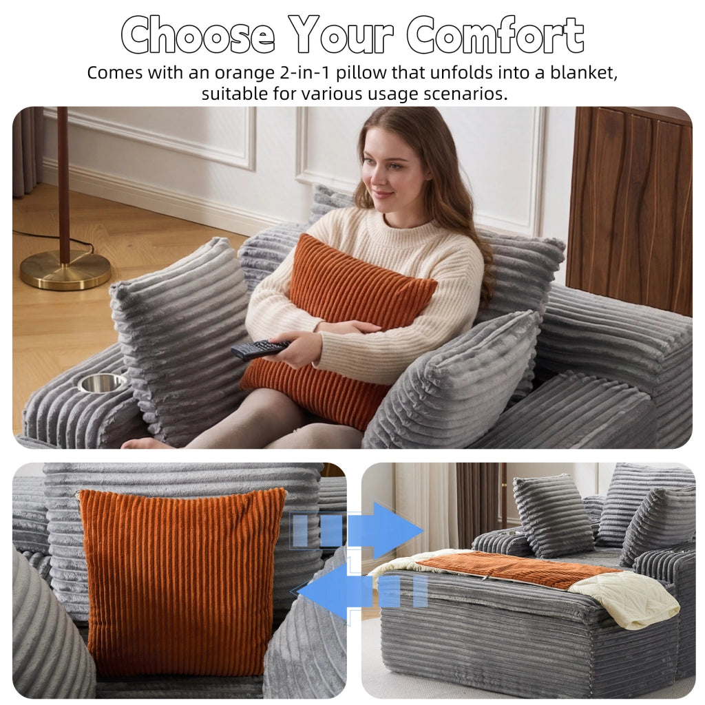 Divano chaise longue senza montaggio con portabicchieri e cuscini in velluto a coste grigio 165 × 112 × 63 cm