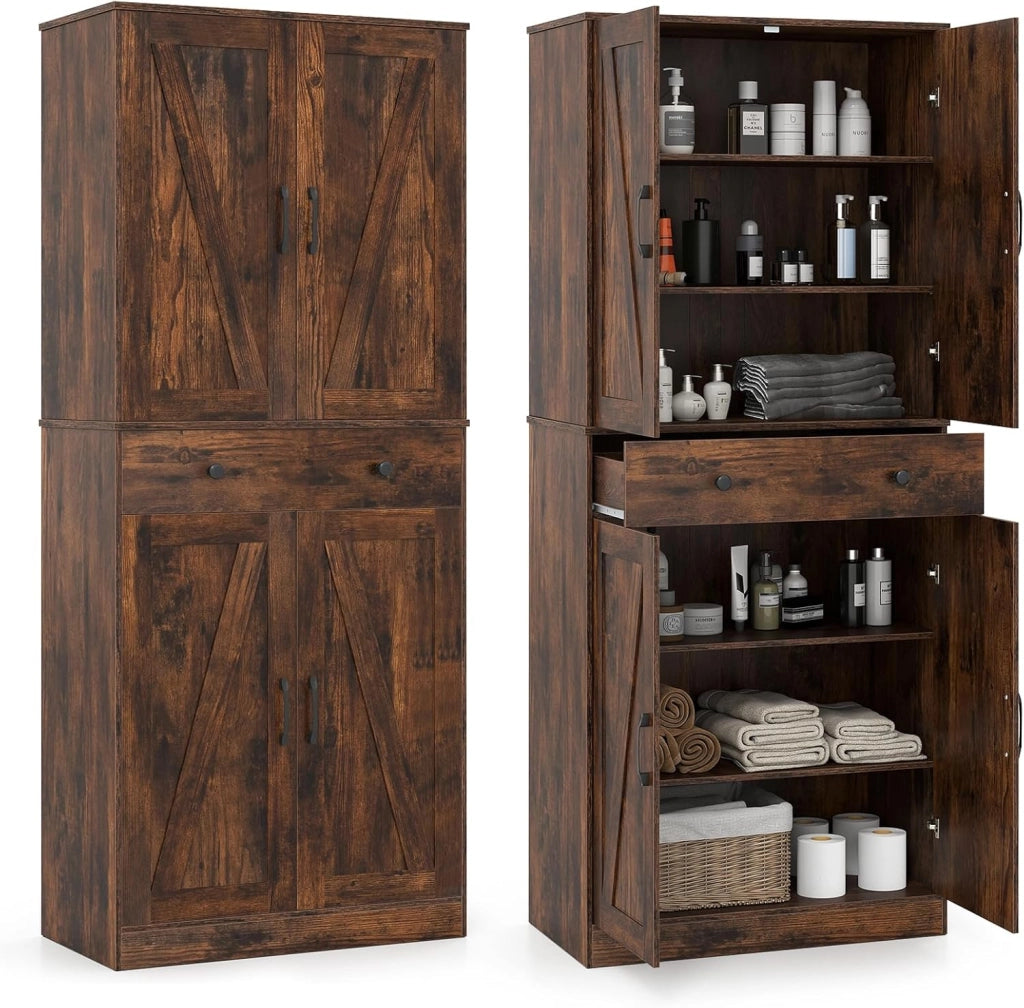 Credenza Alta da Cucina, Mobile Dispensa in Legno con 3 Ripiani Regolabili, 1 Cassette e 4 Ante, Armadio Moderno per Cucina, Soggiorno, Sala da Pranzo, 77 x 39 x 183 cm (Nero)
