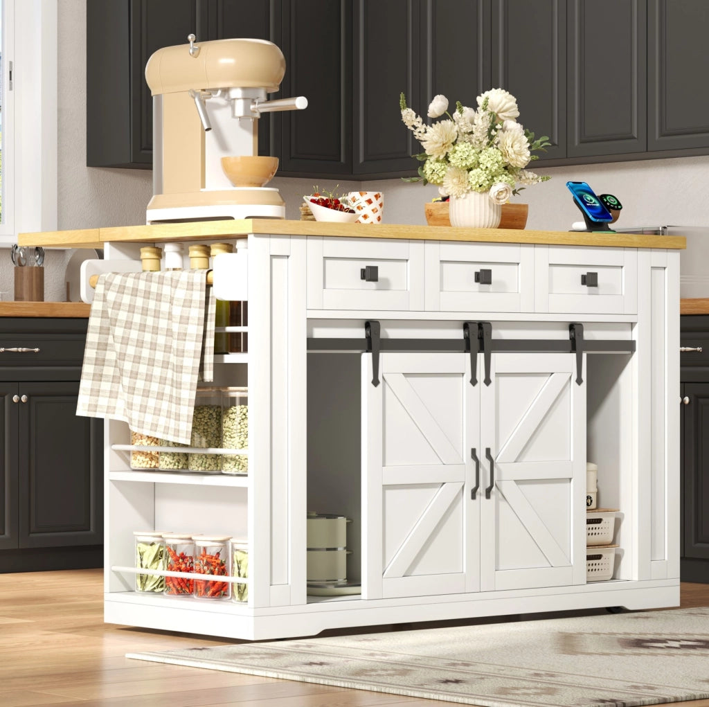 Isola cucina mobile in MDF con piano pieghevole, prese USB, cassetti e ripiani